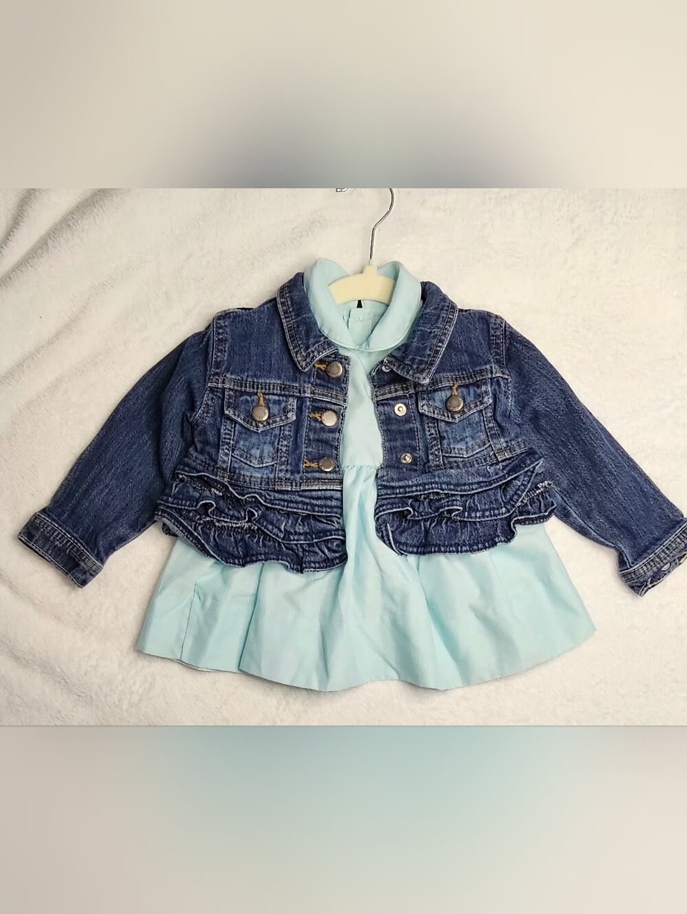 VTG Toddler Outfit Set: Genuine Kids OshKosh Ruffle Denim Jacket 18M & Aqua
